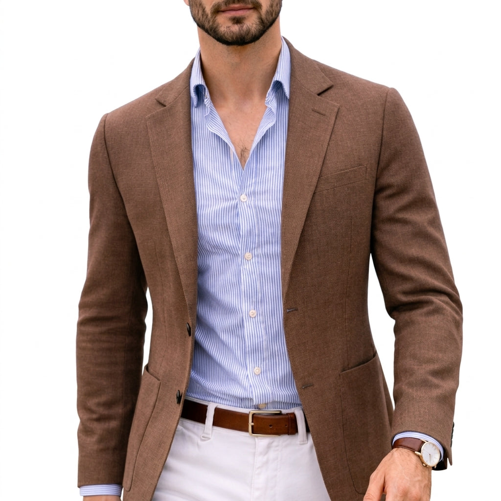 Men's knit blazer with notched lapels, long sleeves and front pockets