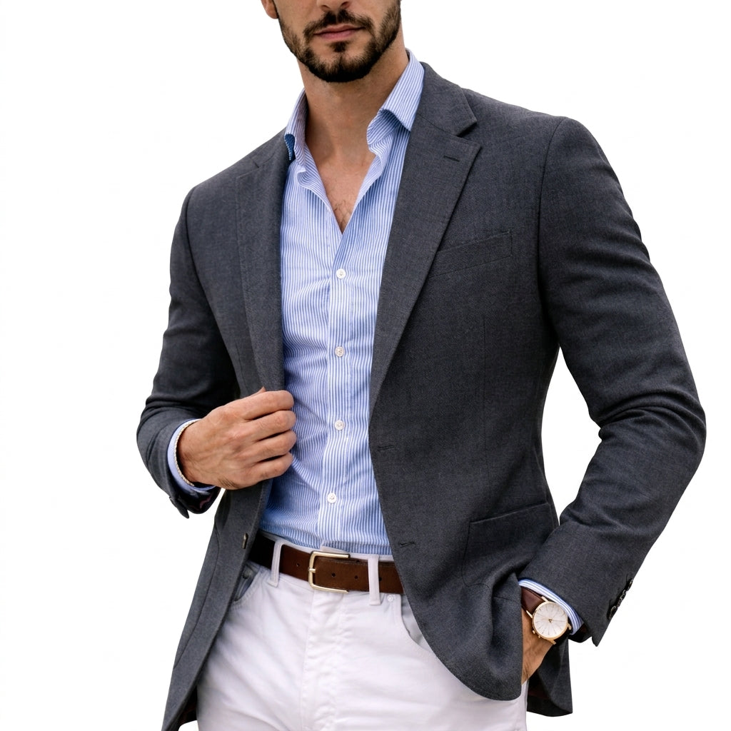 Men's knit blazer with notched lapels, long sleeves and front pockets