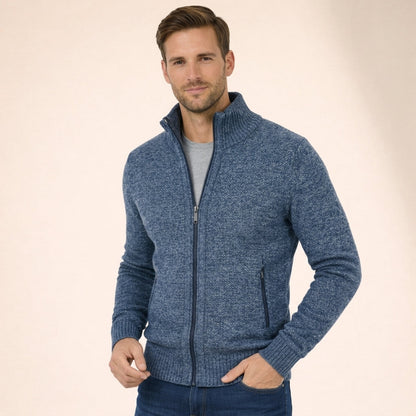 Men's textured zip sweater with raised mock neck and ribbed trims