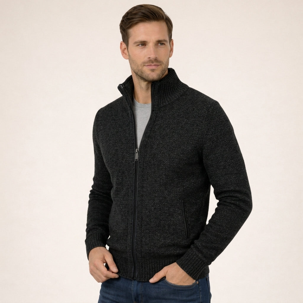 Men's textured zip sweater with raised mock neck and ribbed trims