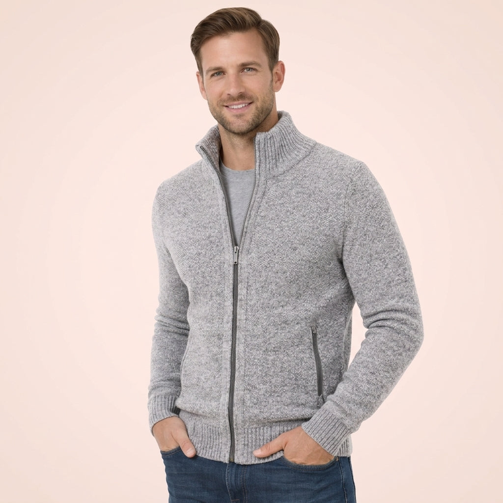 Men's textured zip sweater with raised mock neck and ribbed trims