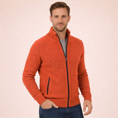 Men's textured zip sweater with raised mock neck and ribbed trims
