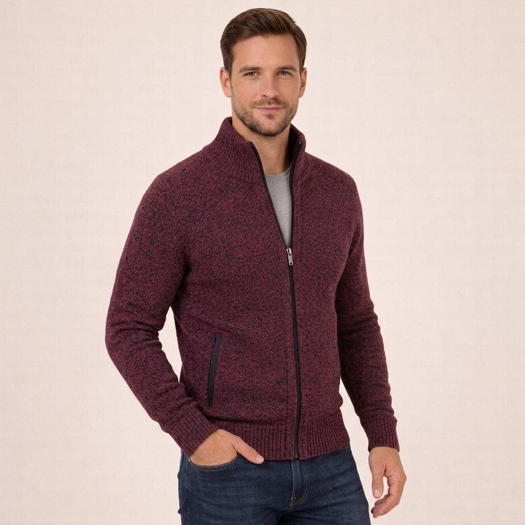Men's textured zip sweater with raised mock neck and ribbed trims
