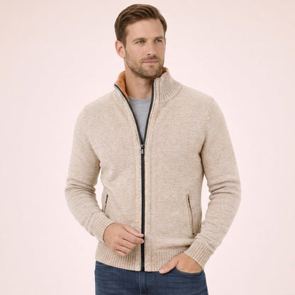 Men's textured zip sweater with raised mock neck and ribbed trims