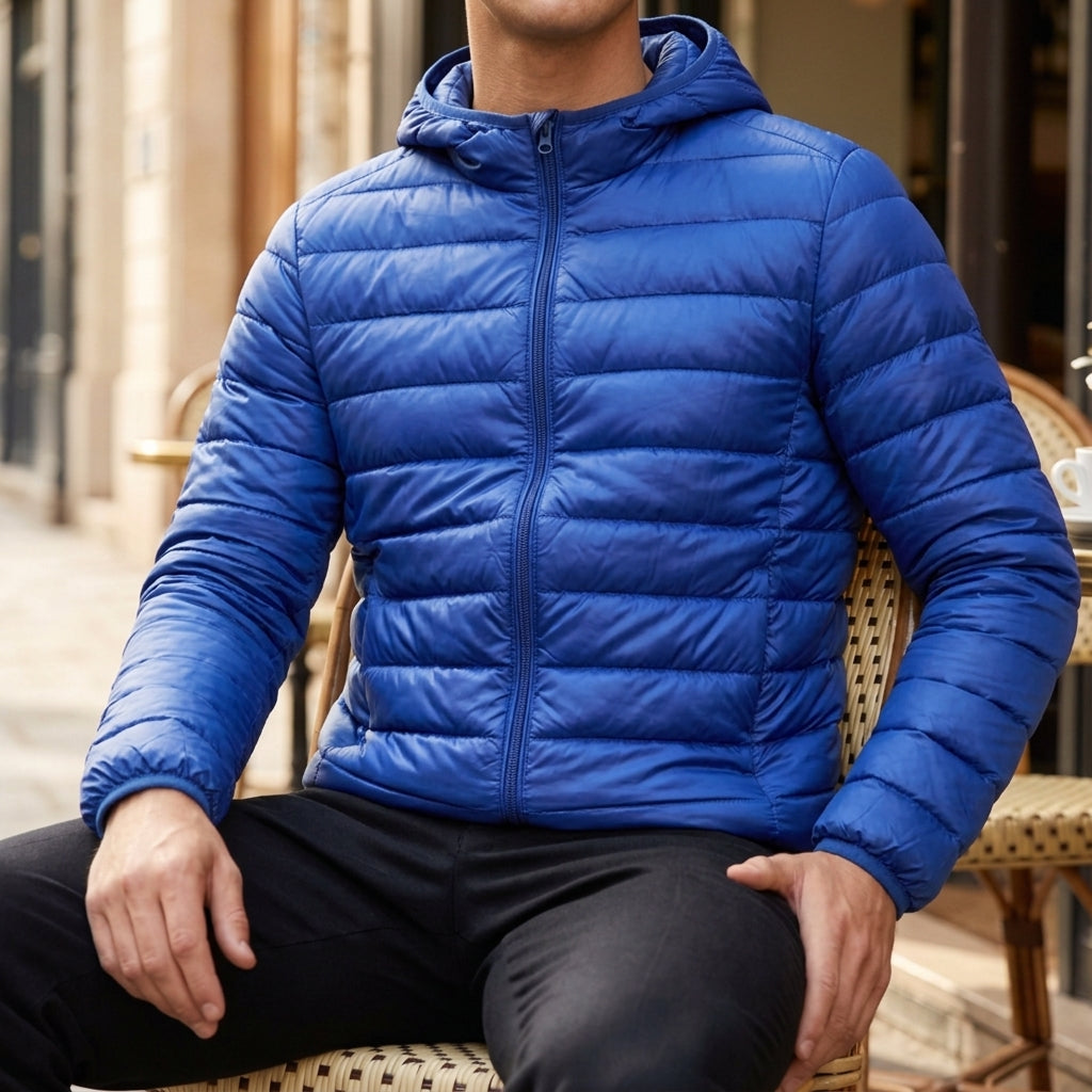 Men's quilted hooded puffer jacket with long sleeves and front zip