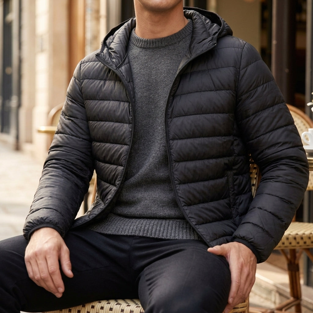 Men's quilted hooded puffer jacket with long sleeves and front zip