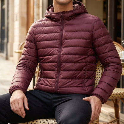 Men's quilted hooded puffer jacket with long sleeves and front zip