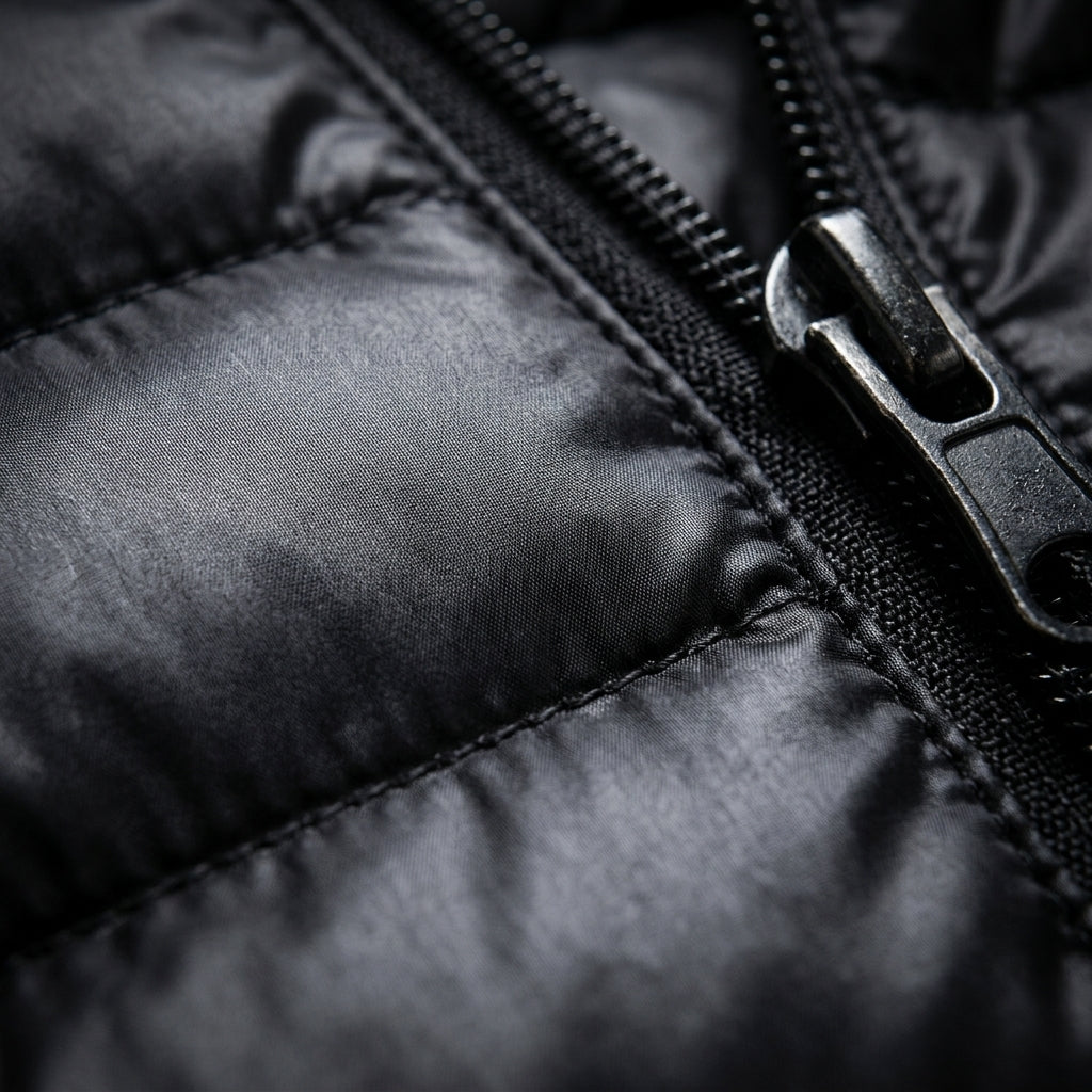 Men's quilted hooded puffer jacket with long sleeves and front zip