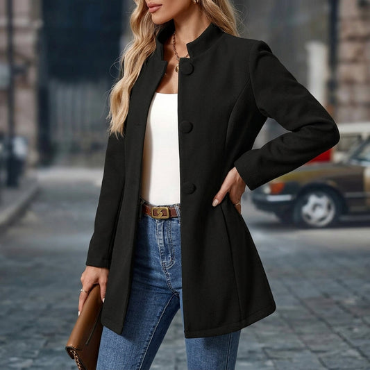 Women's long structured blazer with Mandarin collar, long sleeves, buttons and front pockets