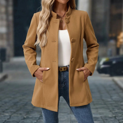 Women's long structured blazer with Mandarin collar, long sleeves, buttons and front pockets