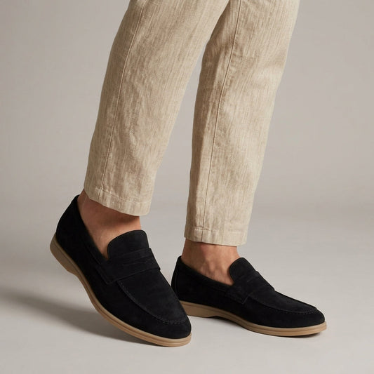 Men's plain penny loafers with moc toe stitching and low heels