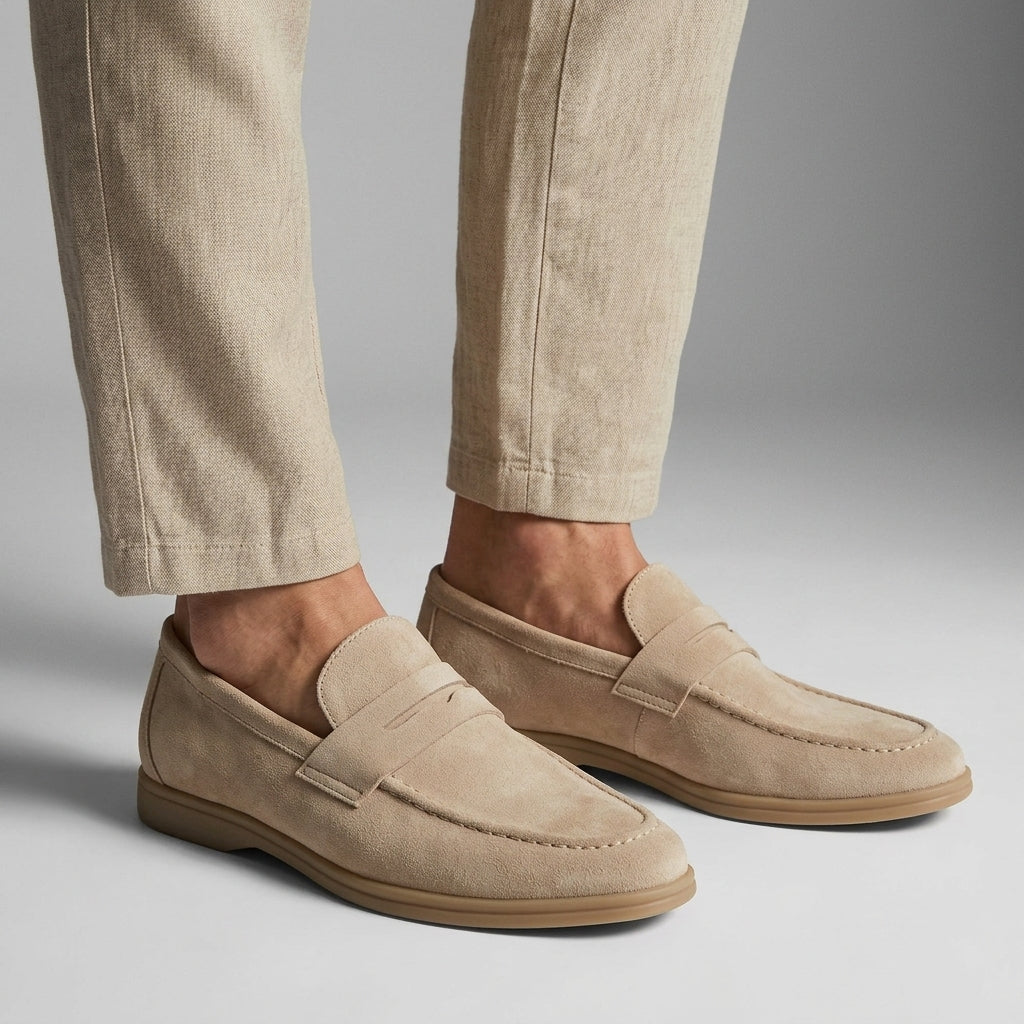 Men's plain penny loafers with moc toe stitching and low heels