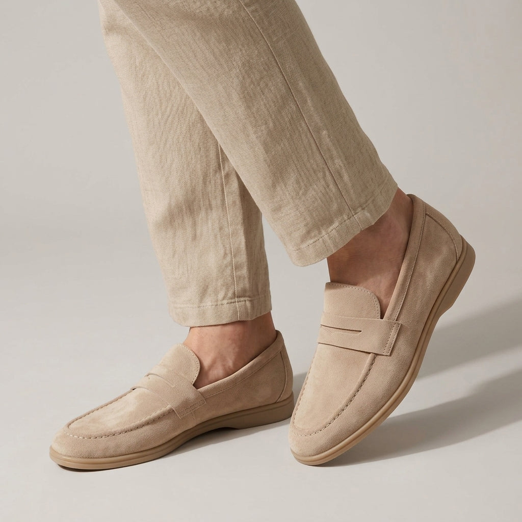 Men's plain penny loafers with moc toe stitching and low heels