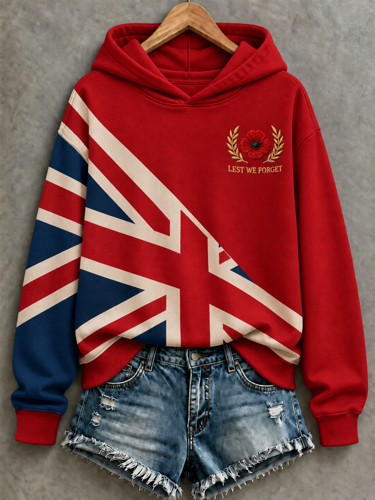 Women's hooded sweatshirt with flag graphic and remembrance poppy detail
