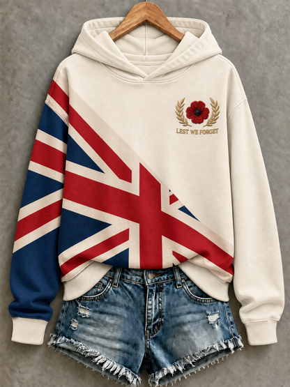 Women's hooded sweatshirt with flag graphic and remembrance poppy detail