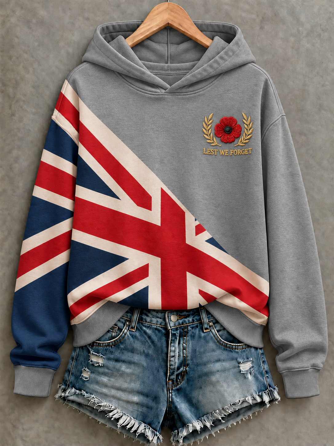 Women's hooded sweatshirt with flag graphic and remembrance poppy detail