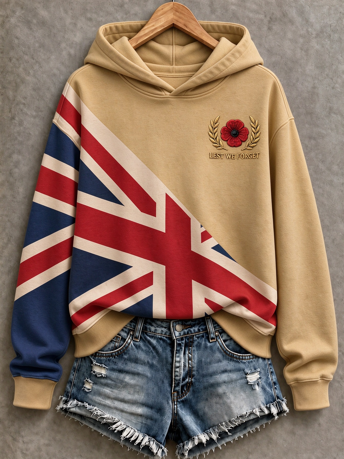 Women's hooded sweatshirt with flag graphic and remembrance poppy detail
