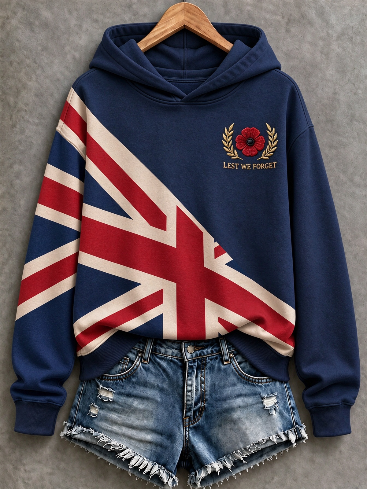 Women's hooded sweatshirt with flag graphic and remembrance poppy detail