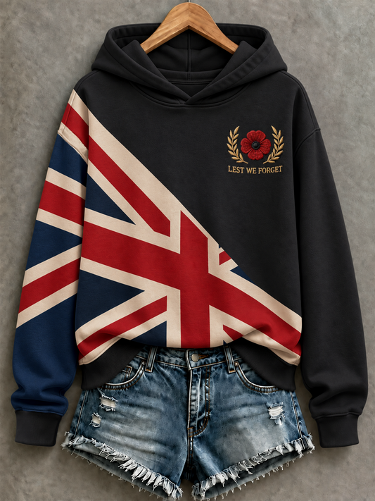Women's hooded sweatshirt with flag graphic and remembrance poppy detail
