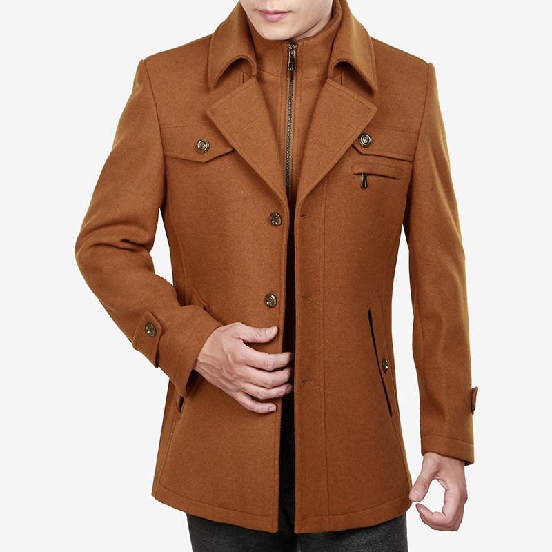 Men's double-breasted coat with stand collar, flap pockets and long sleeves