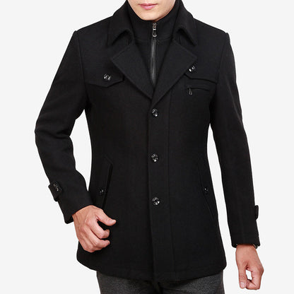Men's double-breasted coat with stand collar, flap pockets and long sleeves
