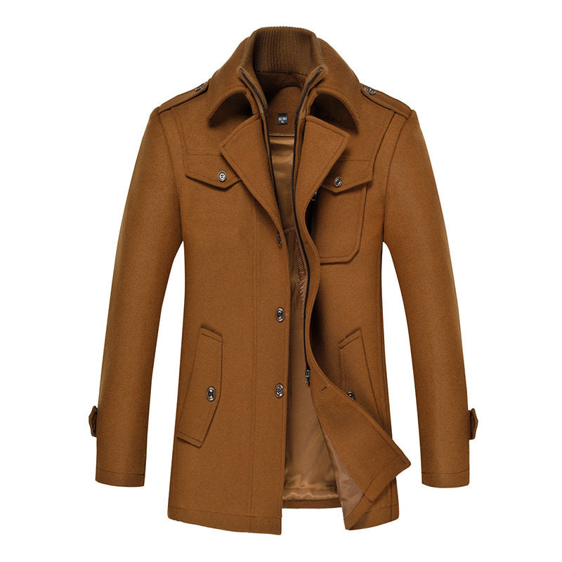Men's double-breasted coat with stand collar, flap pockets and long sleeves