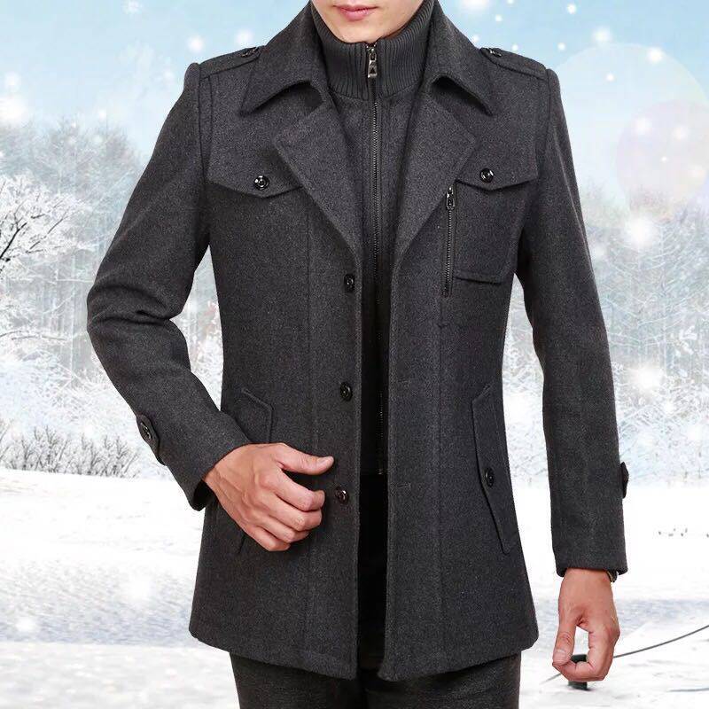 Men's double-breasted coat with stand collar, flap pockets and long sleeves