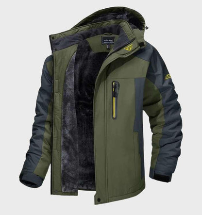 Men's hooded color-block jacket with long sleeves and fleece lining