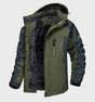 Men's hooded color-block jacket with long sleeves and fleece lining