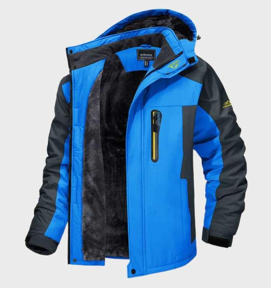 Men's hooded color-block jacket with long sleeves and fleece lining