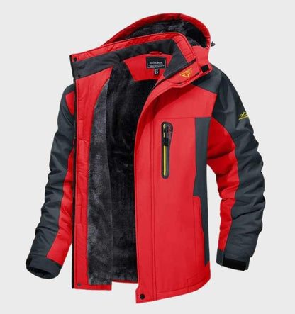 Men's hooded color-block jacket with long sleeves and fleece lining