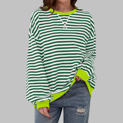 Women's striped crew neck sweatshirt with long sleeves and contrast ribbed trims