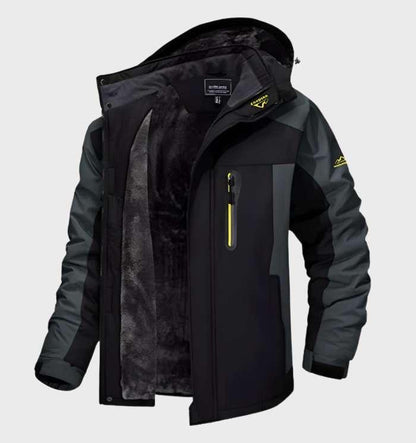 Men's hooded color-block jacket with long sleeves and fleece lining