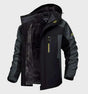 Men's hooded color-block jacket with long sleeves and fleece lining