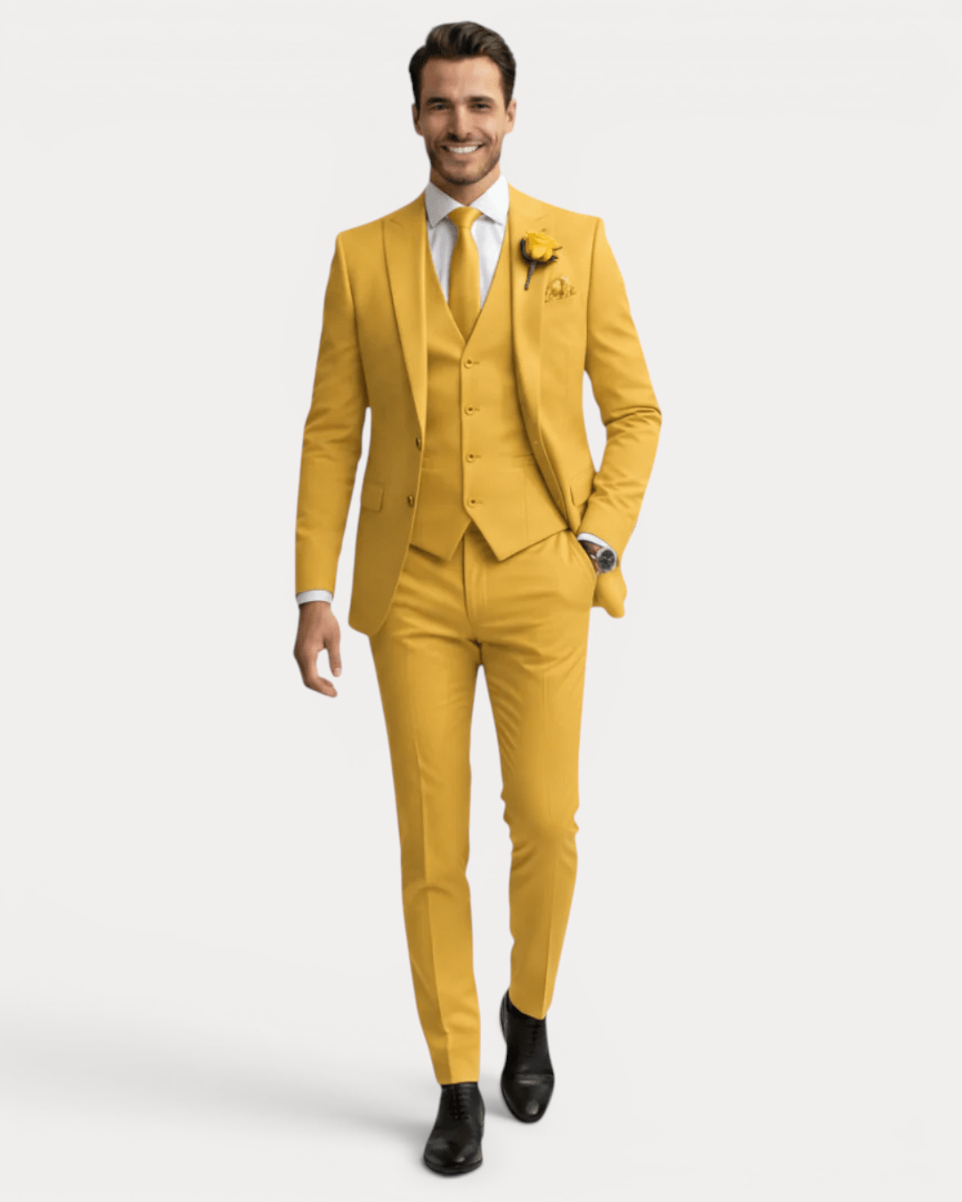 Men's three-piece suit with notched lapels, buttoned waistcoat and tailored trousers