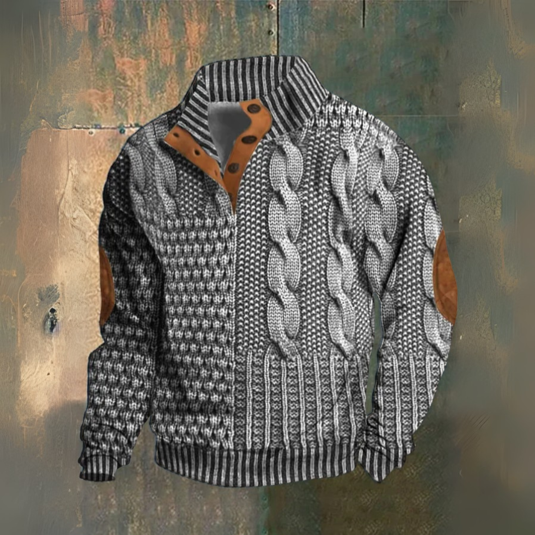 Men's textured cable knit sweater with high collar, button placket and sleeve patches