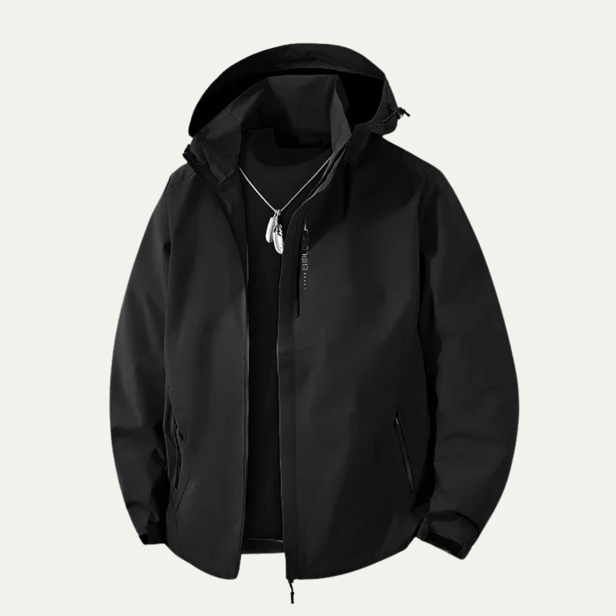 Men's hooded zip-front rain jacket with long sleeves and side zip pockets
