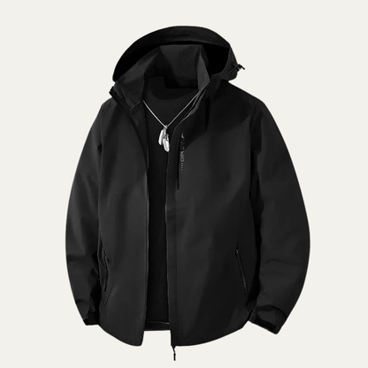 Men's hooded zip-front rain jacket with long sleeves and side zip pockets
