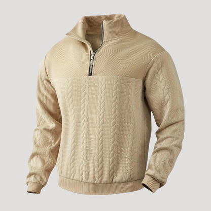 Men's cable knit half-zip sweater with mock neck and long sleeves