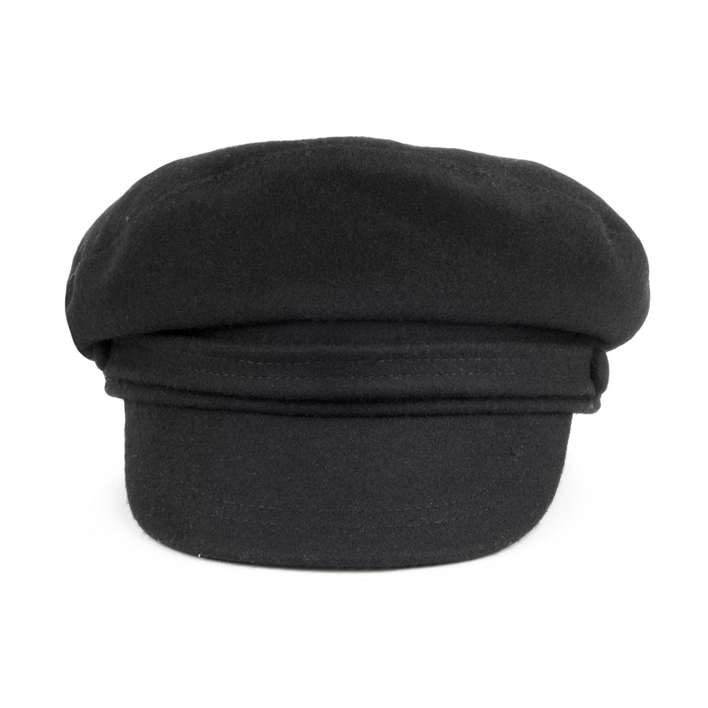 Black baker boy cap with structured crown, layered band and short brim