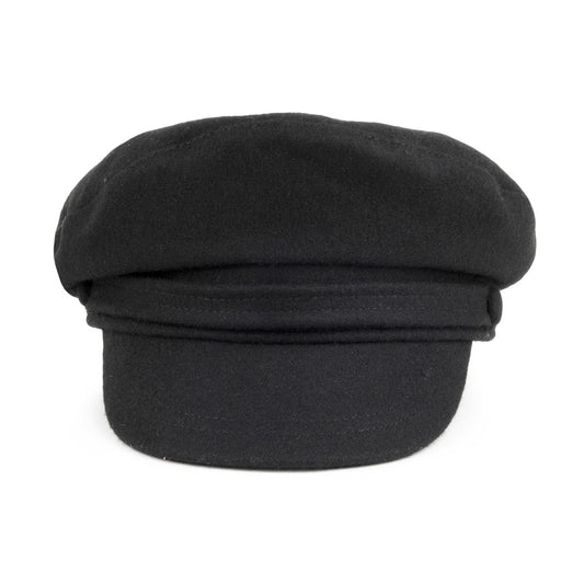 Black baker boy cap with structured crown, layered band and short brim