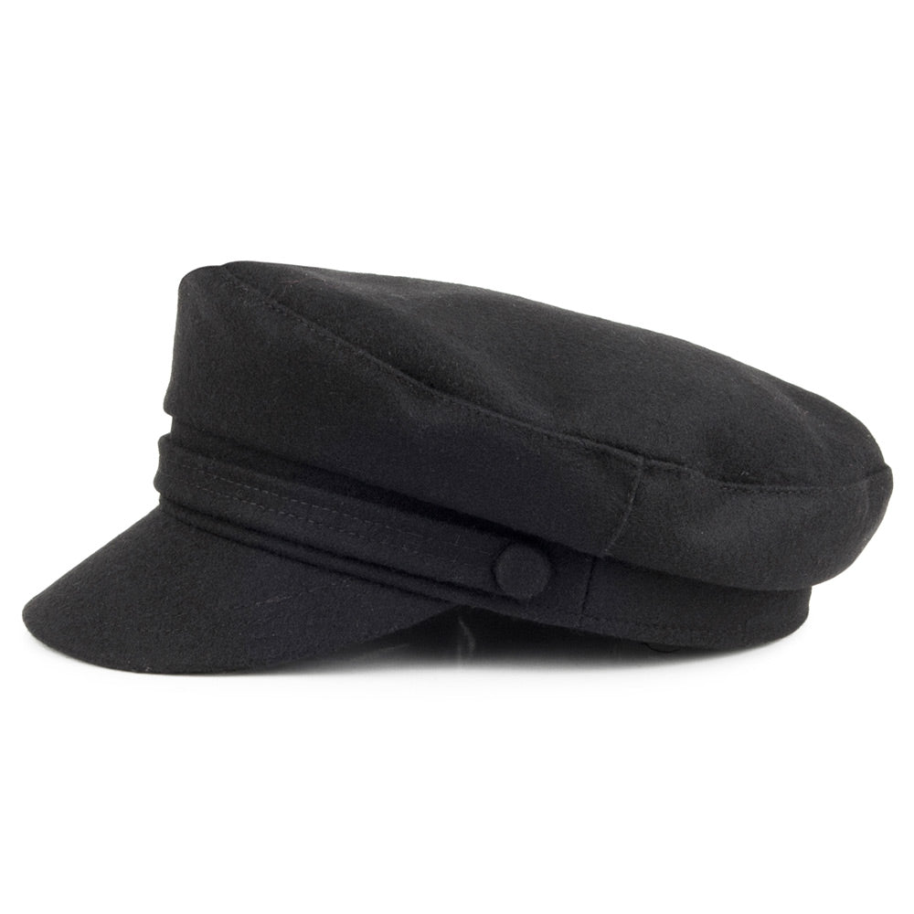 Black baker boy cap with structured crown, layered band and short brim