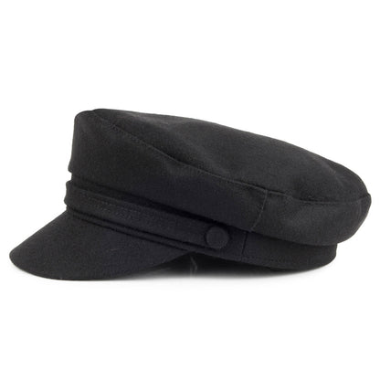 Black baker boy cap with structured crown, layered band and short brim