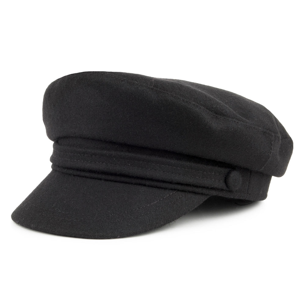Black baker boy cap with structured crown, layered band and short brim