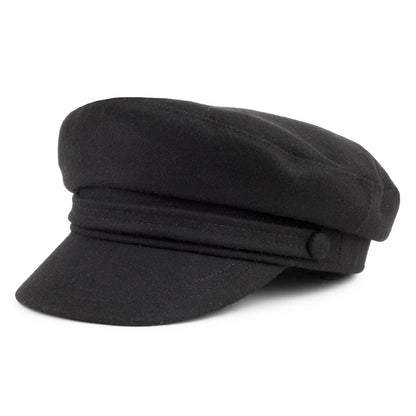 Black baker boy cap with structured crown, layered band and short brim