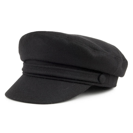 Black baker boy cap with structured crown, layered band and short brim
