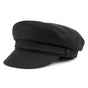 Black baker boy cap with structured crown, layered band and short brim