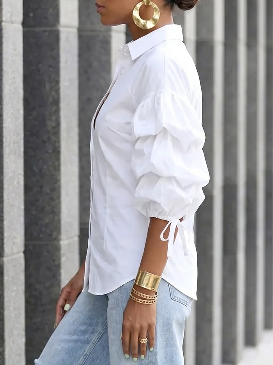 Women's puff sleeve button blouse with tied lapel collar in black
