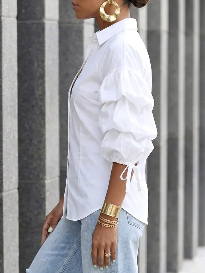 Women's puff sleeve button blouse with tied lapel collar in black