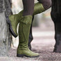 Women's tall riding boots with buckle straps, rounded toes and low heels